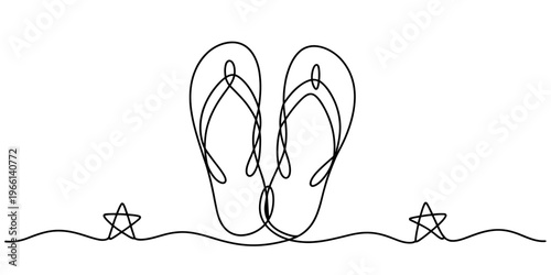 A continuous line drawing of a pair of flip flops standing on a wavy line with two small stars.
