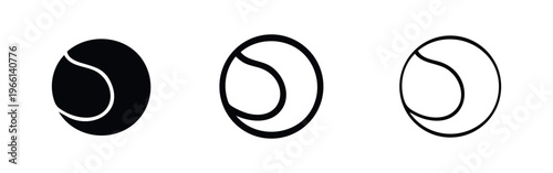 Tennis Ball Icon Set: Sports Game Equipment Symbols in Solid, Bold, and Thin Outline Styles