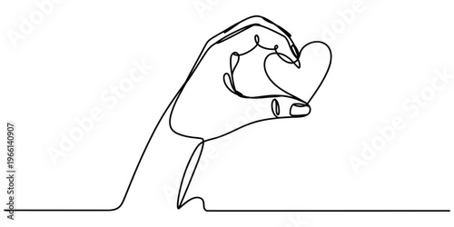 A continuous line drawing of a human hand holding a heart shape as a symbol of love and affection