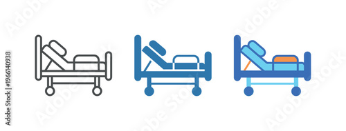 Set of hospital bed icons in outline, solid blue, and colorful styles