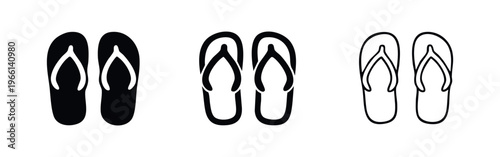 Flip-flops icon vector. Thongs, sandals, beach footwear symbol in solid, bold outline, and thin outline styles.