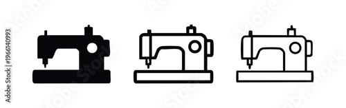 Sewing machine icon vector. Tailoring, craftsmanship, fashion design equipment symbol in solid, bold outline, and thin outline styles.