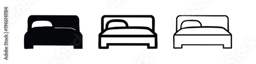Bed Icon Set: Solid, Outlined, and Thin Line Styles for Sleep and Accommodation