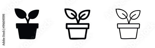 Potted Plant Icon Set: Minimalist Vector Illustrations of Houseplant in Solid and Outline Styles