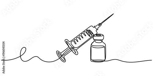 Continuous single line drawing of a medical syringe and a vial for vaccination and health care