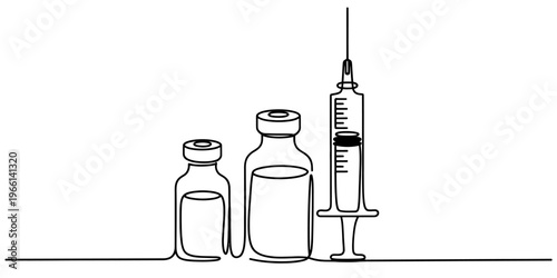 A single continuous line drawing of medical vaccine vials and a hypodermic syringe for injection