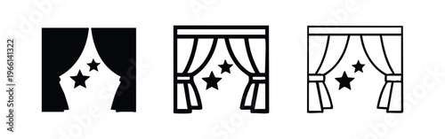 Stage Curtains with Stars Icon Set. Theater Performance and Entertainment Vector Symbols.