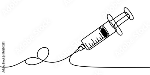 Minimalist one line drawing of a medical syringe isolated on a plain white background for design