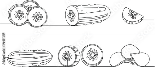 Cucumber outline vector set. Hand drawn slices and whole cucumber illustrations. Simple line art vegetable design for food, cooking, packaging and organic themes.