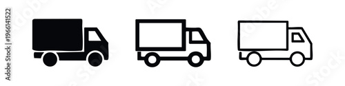 Delivery truck icon set. Shipping vehicle symbol collection with solid, thick outline, and thin outline versions. Logistics service sign.