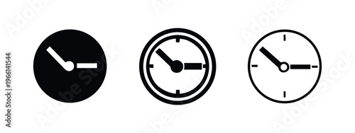Clock icon set. Time and schedule symbol collection with solid, thick outline, and thin outline versions. Deadline sign vector.