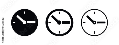 Time icon collection. Watch symbol set with solid, thick outline, and thin outline versions. Clock face vector graphics.