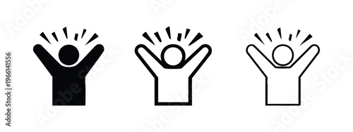 Success icon set. Excited person symbol with arms up and radiating lines, in solid, thick outline, and thin outline versions. Achievement sign.