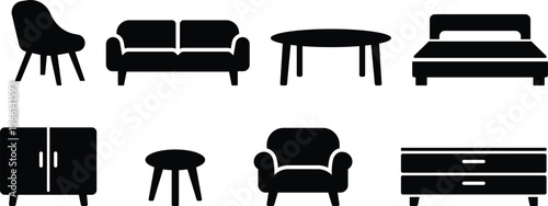 Furniture silhouette set, Home interior sofa chair table collection, Living room furniture icon pack