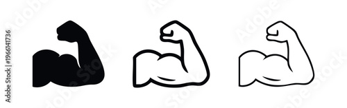 Strong arm bicep muscle icons, Fitness and strength vector symbols, Gym workout element.
