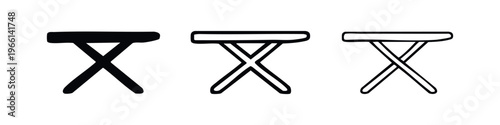 Folding stool icon or portable table symbol in solid, outline, and thick line styles for travel and outdoor use.