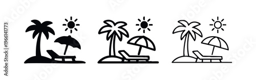 Tropical beach vacation icon with palm tree, sun, umbrella, and lounge chair for summer holidays.