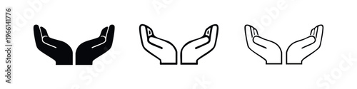Cupped hands icon representing care, offering, or praying gesture in solid, outline, and thick line styles.