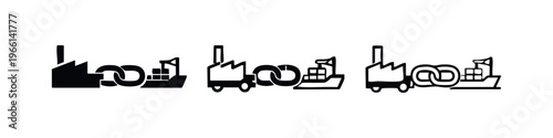 Global supply chain icon with factory, truck, and ship cargo transportation for international trade.