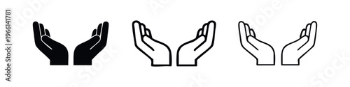 Cupped hands icon representing care, offering, or praying gesture in solid, outline, and thick line styles.