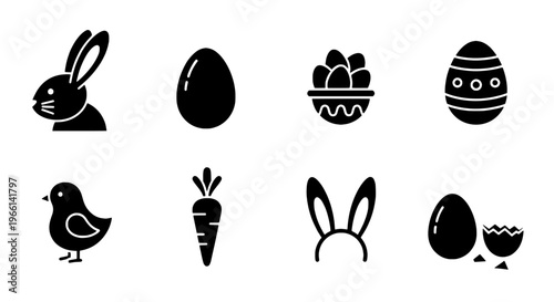 Easter holiday icons bunny, chick, eggs, and carrot for Ester day celebrations