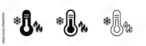 Temperature thermometer icon set with hot and cold symbols, weather forecast elements