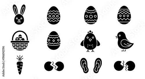 Easter Holiday icons bunny, eggs, chicks, carrots, and Easter basket for ester day