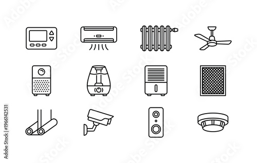 Collection of line art icons for smart home climate and security devices