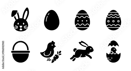 Easter Day Icons Set with Easter Bunny and Eggs for Holiday Celebrations