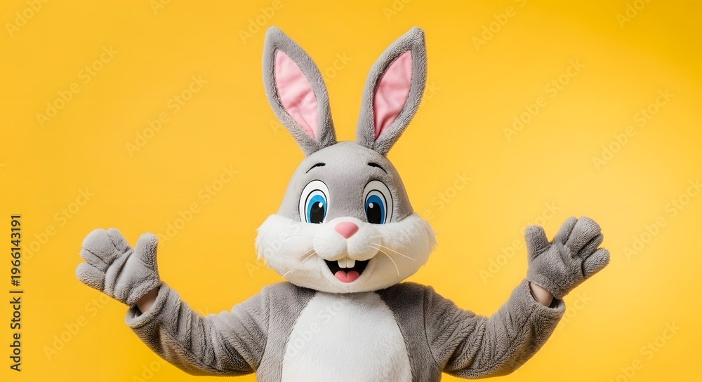 Fototapeta premium Cheerful Easter Bunny Mascot Costume On Yellow Background