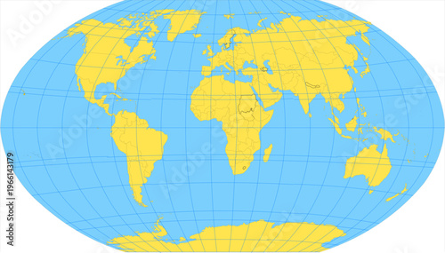 A world map, rendered in a simplified, flat design - yellow contents and wide ocean  world graphic 