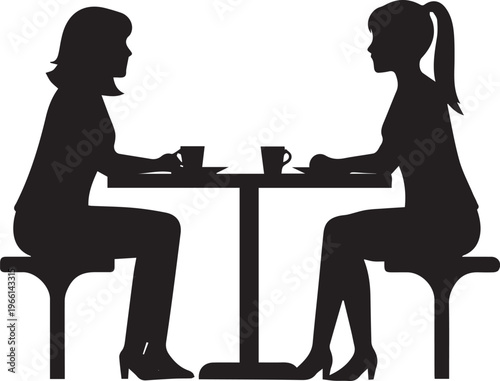 Silhouette of two women sitting at a cafe table, friends drinking coffee together vector, female colleagues having a meeting in a restaurant