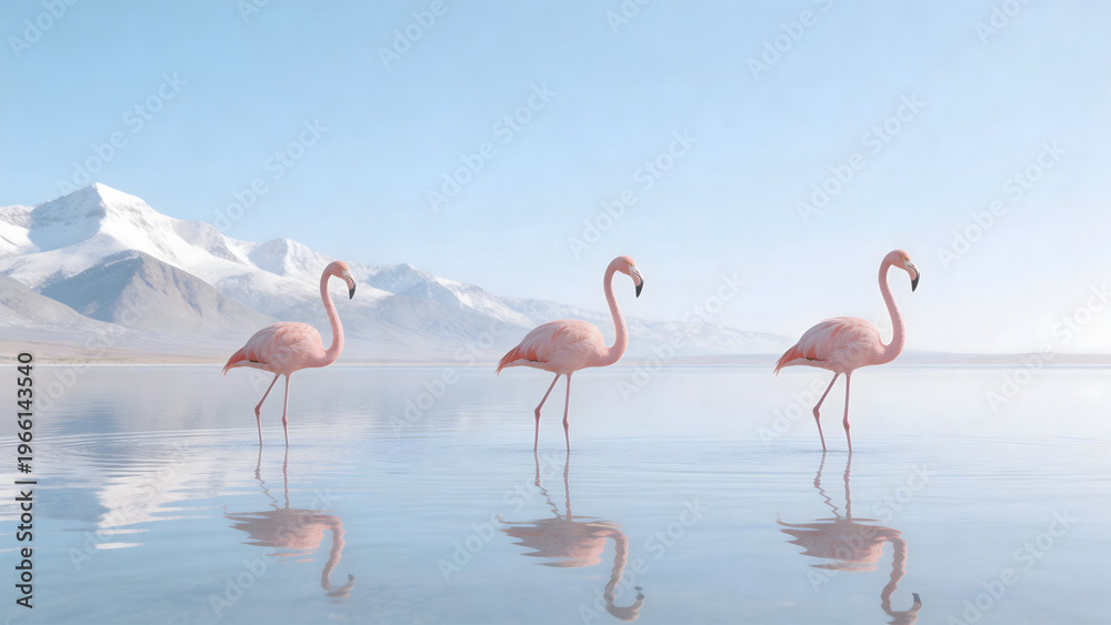 Obraz premium Three flamingos in water with snowy mountains