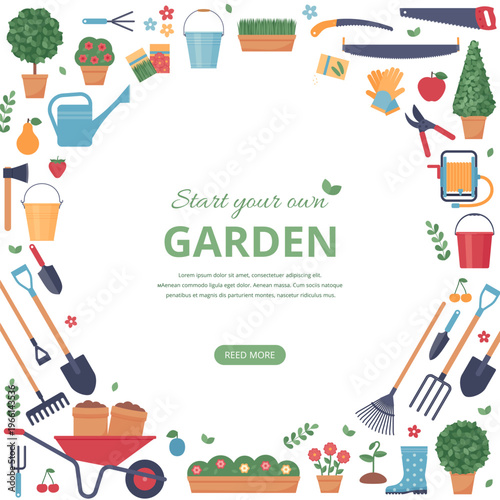 Gardening banner with garden tools. Background template with gardening instruments and copy space. Poster layout. Horticulture set. Vector illustration. Flat design. Square card with circle frame.