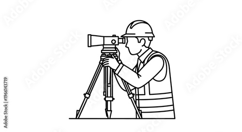 Surveyor using a professional optical instrument on a tripod, isolated white background.