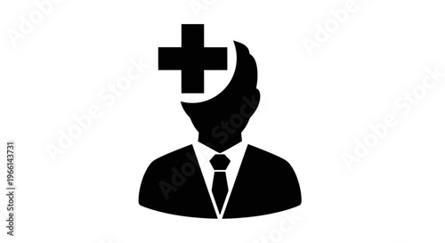 Professional man representing a doctor or healthcare expert with a medical cross on his head in an isolated white background, symbolizing health and wellness
