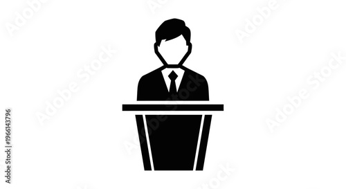 Confident speaker or leader delivering a formal address from a podium on isolated white background