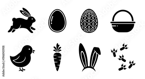 Easter icons bunny, egg, chick, carrot, basket, paw prints for ester day