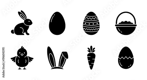 Easter symbols bunny, chick, egg, carrot, and basket icons for Ester Day