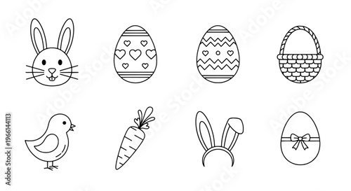 Festive line art icon collection for a joyful easter day celebration, featuring essential spring symbols