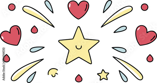 Cute manga style star with smiling face surrounded by hearts and stars