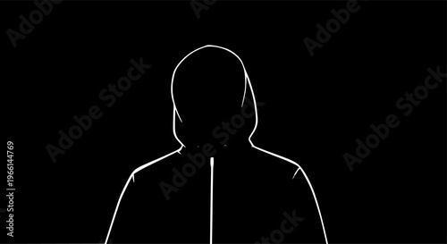 A shadowy figure in a hoodie, outlined against a black, digitally-inspired background that resembles cascading code or data.

