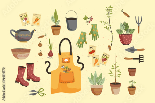 Set of colourful illustrations elements for gardening and agriculture. Isolated vector icons for gardening, farming, planting. Cultivating concept. Bucket, shovel, rake, watering can, plants and flowe