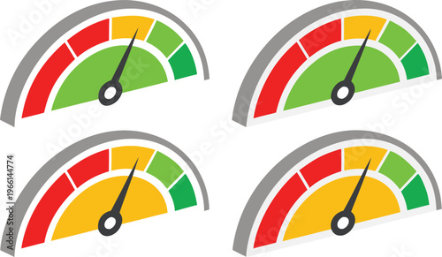 Isometric style credit score meters with different colors and needle positions gauges