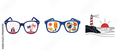 A series of stylized sunglasses each reflecting a different vibrant summer scene with iconic imagery