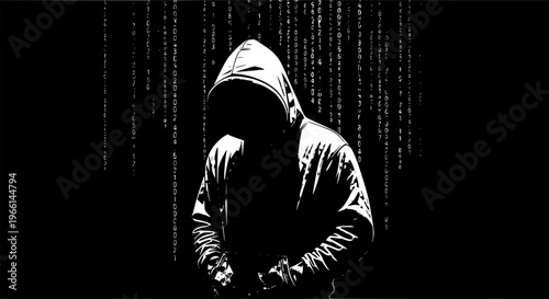 A shadowy figure in a hoodie, outlined against a black, digitally-inspired background that resembles cascading code or data.
