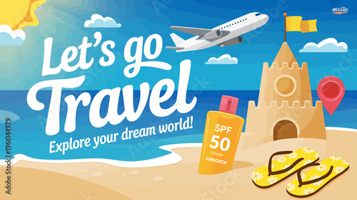 Beach vacation travel concept with sandcastle and flip flops on sandy shore