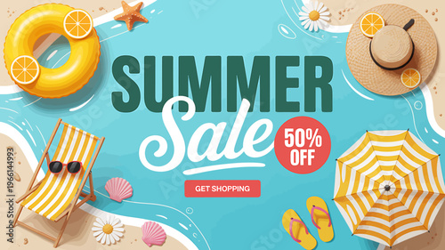 Summer sale advertisement with beach items and discount offer on sandy shore