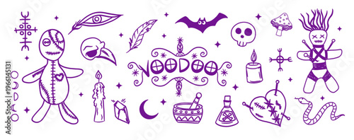 Voodoo magic doodle icon collection featuring ritual dolls, mystical symbols, candles, potion bottles, feathers, skull, snake and occult elements. Cute witchcraft illustration