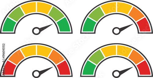 Four credit rating gauges with colored scales and pointers rating scales green